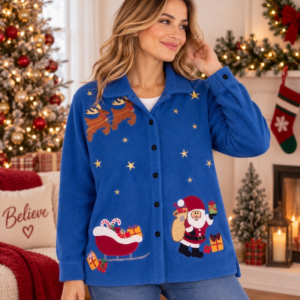 Quacker Factory Christmas Fleece Jacket Womens M Santa Reindeer Sleigh Blue